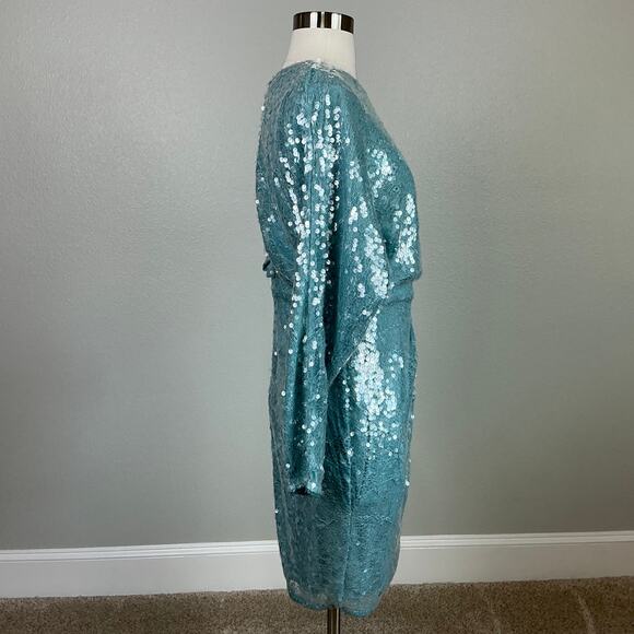 Aidan Mattox Sequined Lace Long Sleeve Cocktail Dress Blue Size 6 Mini Sheath - Picture 3 of 13